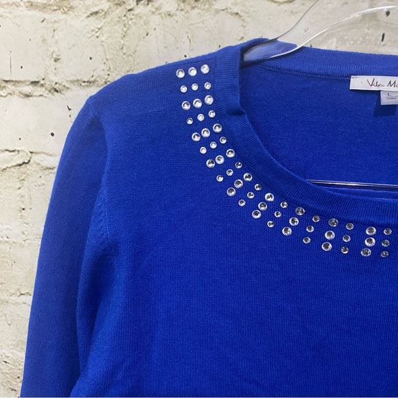 Vila Milano Blue Jeweled Long Sleeve Knit Soft Wool Blend Top - Picture 2 of 6